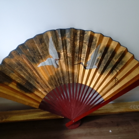 Antique 1920's hand painted gilted crane fan - Picture 1 of 6